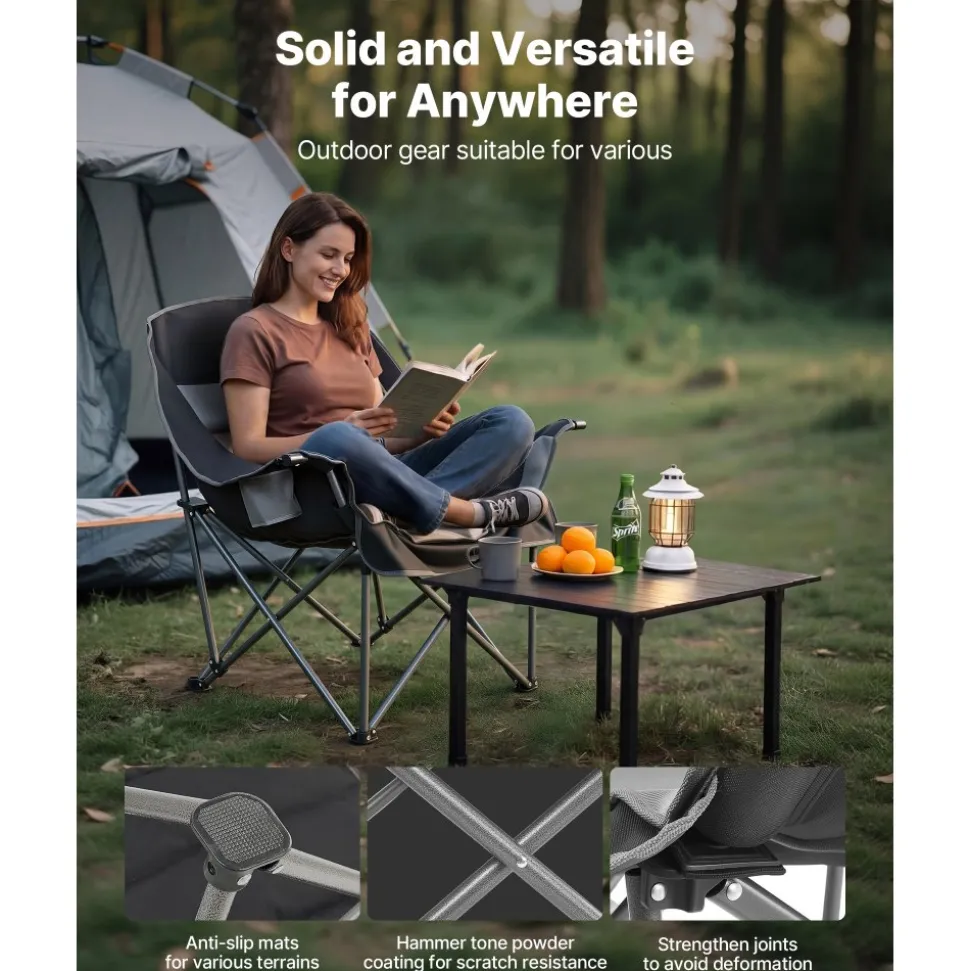 VEVOR Oversized Camping Chairs, 450 lbs Heavy Duty Support, Portable Padded Folding Camp Chairs with Dual Cup Holders & Wine Glass Holders, Carry Bag for Outdoor, Fishing, Black & Gray, 1 Pack
