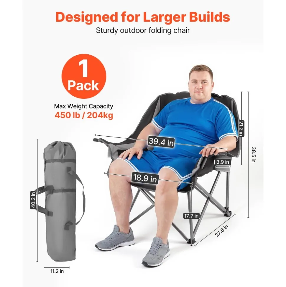VEVOR Oversized Camping Chairs, 450 lbs Heavy Duty Support, Portable Padded Folding Camp Chairs with Dual Cup Holders & Wine Glass Holders, Carry Bag for Outdoor, Fishing, Black & Gray, 1 Pack
