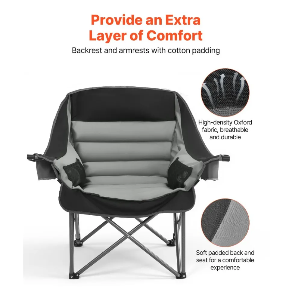 VEVOR Oversized Camping Chairs, 450 lbs Heavy Duty Support, Portable Padded Folding Camp Chairs with Dual Cup Holders & Wine Glass Holders, Carry Bag for Outdoor, Fishing, Black & Gray, 1 Pack