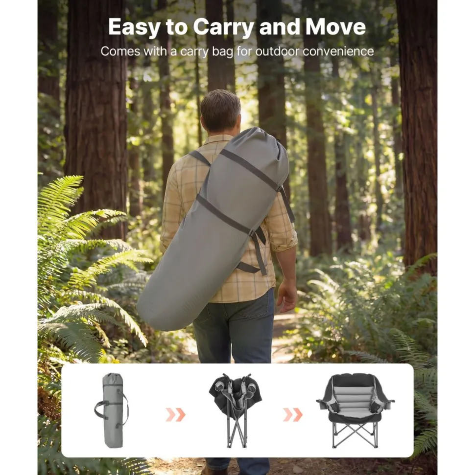 VEVOR Oversized Camping Chairs, 450 lbs Heavy Duty Support, Portable Padded Folding Camp Chairs with Dual Cup Holders & Wine Glass Holders, Carry Bag for Outdoor, Fishing, Black & Gray, 1 Pack