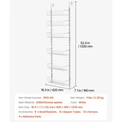 VEVOR Over the Door Pantry Organizer, 6-Tier Pantry Organization and Storage, Heavy-Duty Steel Hanging Spice Rack, Adjustable Wall Seasoning Shelves, for Home Kitchen Laundry Room Bathroom, White