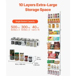 VEVOR Over the Door Pantry Organizer, 10-Tier Pantry Organization and Storage, Heavy-Duty Steel Hanging Spice Rack, Adjustable Wall Seasoning Shelves, for Home Kitchen Laundry Room Bathroom, White
