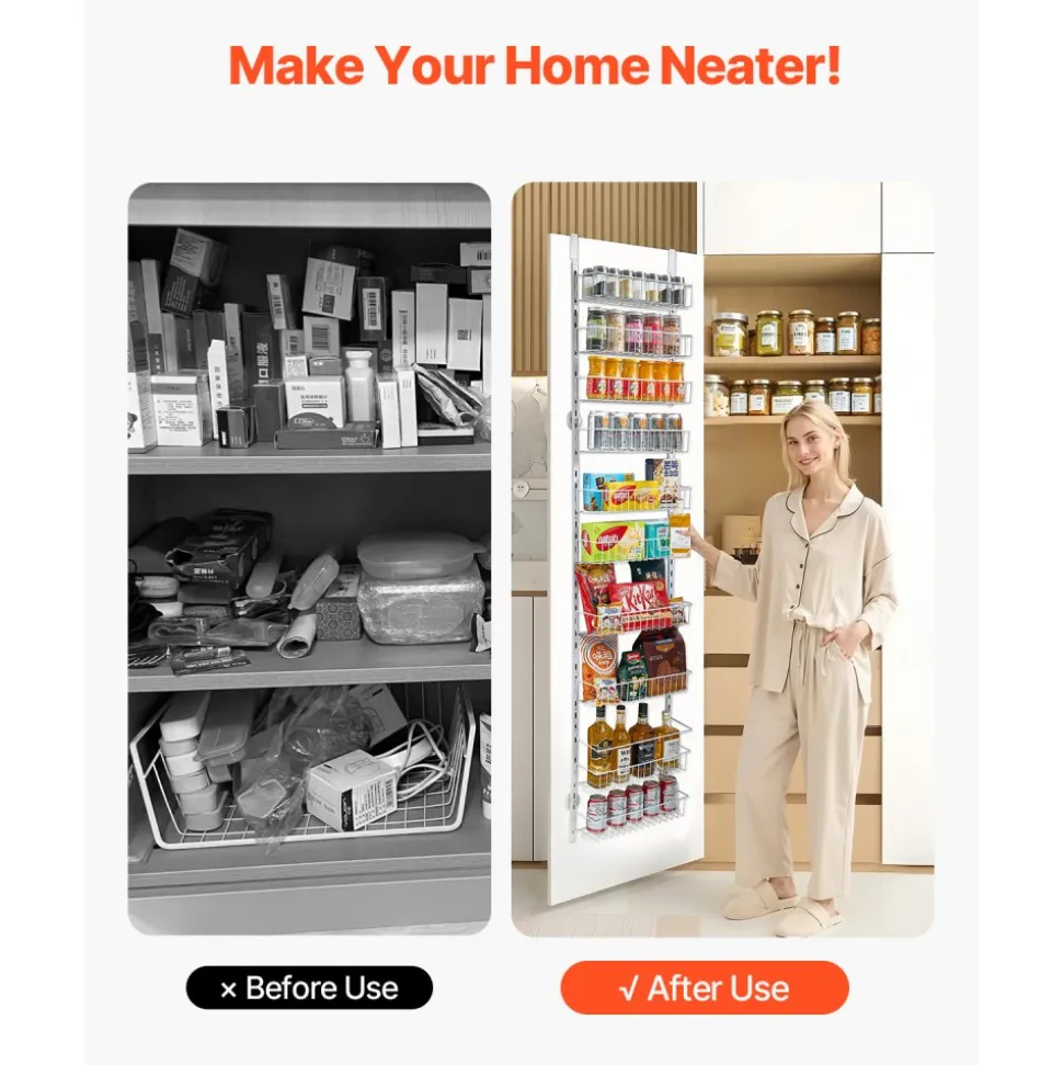 VEVOR Over the Door Pantry Organizer, 10-Tier Pantry Organization and Storage, Heavy-Duty Steel Hanging Spice Rack, Adjustable Wall Seasoning Shelves, for Home Kitchen Laundry Room Bathroom, White