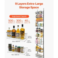 VEVOR Over the Door Pantry Organizer, 9-Tier Pantry Organization and Storage, Heavy-Duty Steel Hanging Spice Rack, Adjustable Wall Seasoning Shelves, for Home Kitchen Laundry Room Bathroom, Black