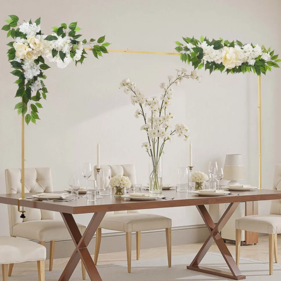 VEVOR Over the Table Rod Stand with Clamps, Adjustable 28"-98" Length & 13"-42" Height, Table Arch Stand with Floral Accessories, Gold Balloon Frame for Wedding Birthday Party Christmas Decoration