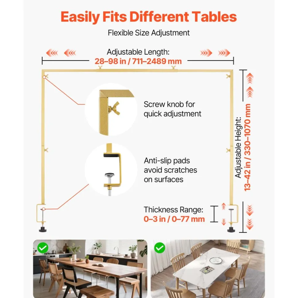 VEVOR Over the Table Rod Stand with Clamps, Adjustable 28"-98" Length & 13"-42" Height, Table Arch Stand with Floral Accessories, Gold Balloon Frame for Wedding Birthday Party Christmas Decoration