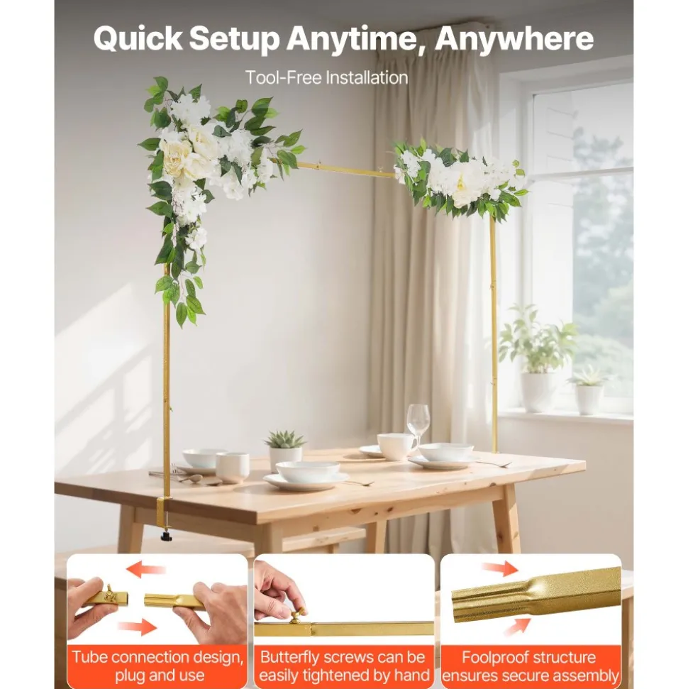 VEVOR Over the Table Rod Stand with Clamps, Adjustable 28"-98" Length & 13"-42" Height, Table Arch Stand with Floral Accessories, Gold Balloon Frame for Wedding Birthday Party Christmas Decoration