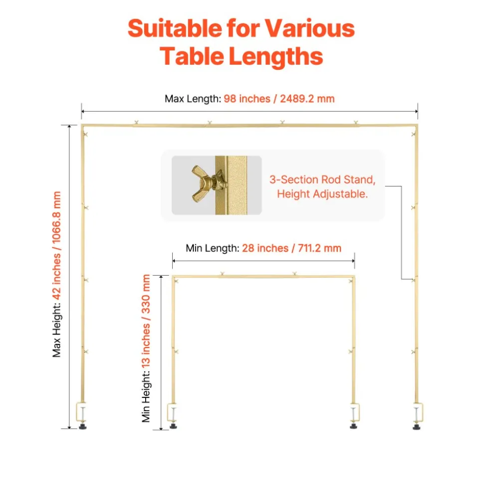 VEVOR Over The Table Rod Stand with Clamps, 13"-42" Tall & 28"-98" Length Adjustable, Metal Table Arch Stand with Rattan, Tabletop Balloon Arch Frame for Wedding Birthday Christmas Decorations, Gold