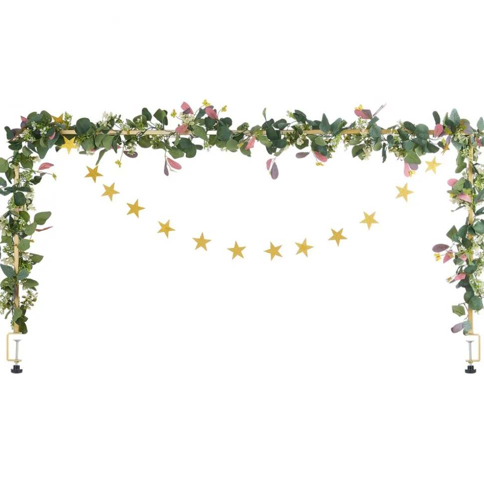 VEVOR Over The Table Rod Stand with Clamps, 13"-42" Tall & 28"-98" Length Adjustable, Metal Table Arch Stand with Rattan, Tabletop Balloon Arch Frame for Wedding Birthday Christmas Decorations, Gold