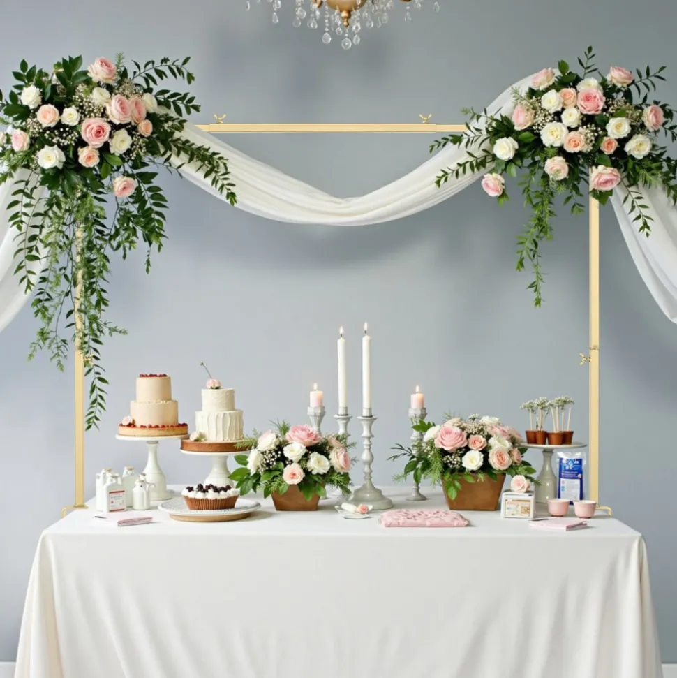VEVOR Over The Table Rod Stand with Clamps, 13"-42" Tall & 28"-98" Length Adjustable, Metal Table Arch Stand with Rattan, Tabletop Balloon Arch Frame for Wedding Birthday Christmas Decorations, Gold