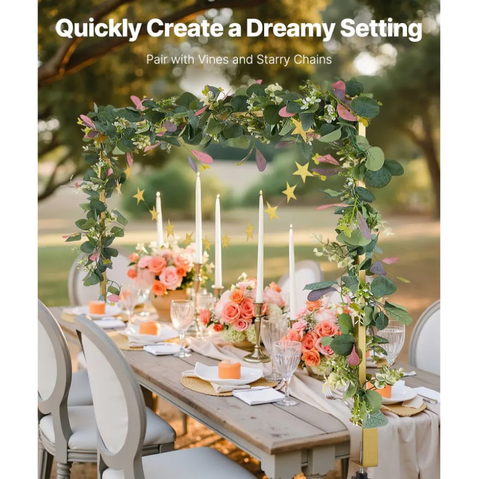 VEVOR Over The Table Rod Stand with Clamps, 13"-42" Tall & 28"-98" Length Adjustable, Metal Table Arch Stand with Rattan, Tabletop Balloon Arch Frame for Wedding Birthday Christmas Decorations, Gold
