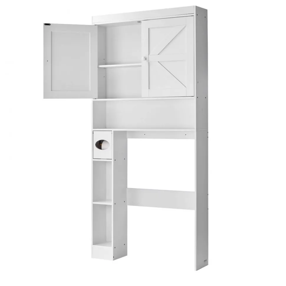 VEVOR Over The Toilet Storage Cabinet, 67.44 in Height Bathroom Storage Organizer with Double Door and Adjustable Shelf, Bathroom Space Saver Organizer Above Toilet with Open Shelf, White