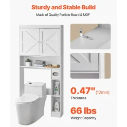 VEVOR Over The Toilet Storage Cabinet, 67.44 in Height Bathroom Storage Organizer with Double Door and Adjustable Shelf, Bathroom Space Saver Organizer Above Toilet with Open Shelf, White