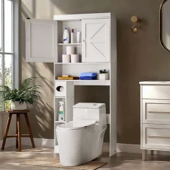 VEVOR Over The Toilet Storage Cabinet, 67.44 in Height Bathroom Storage Organizer with Double Door and Adjustable Shelf, Bathroom Space Saver Organizer Above Toilet with Open Shelf, White