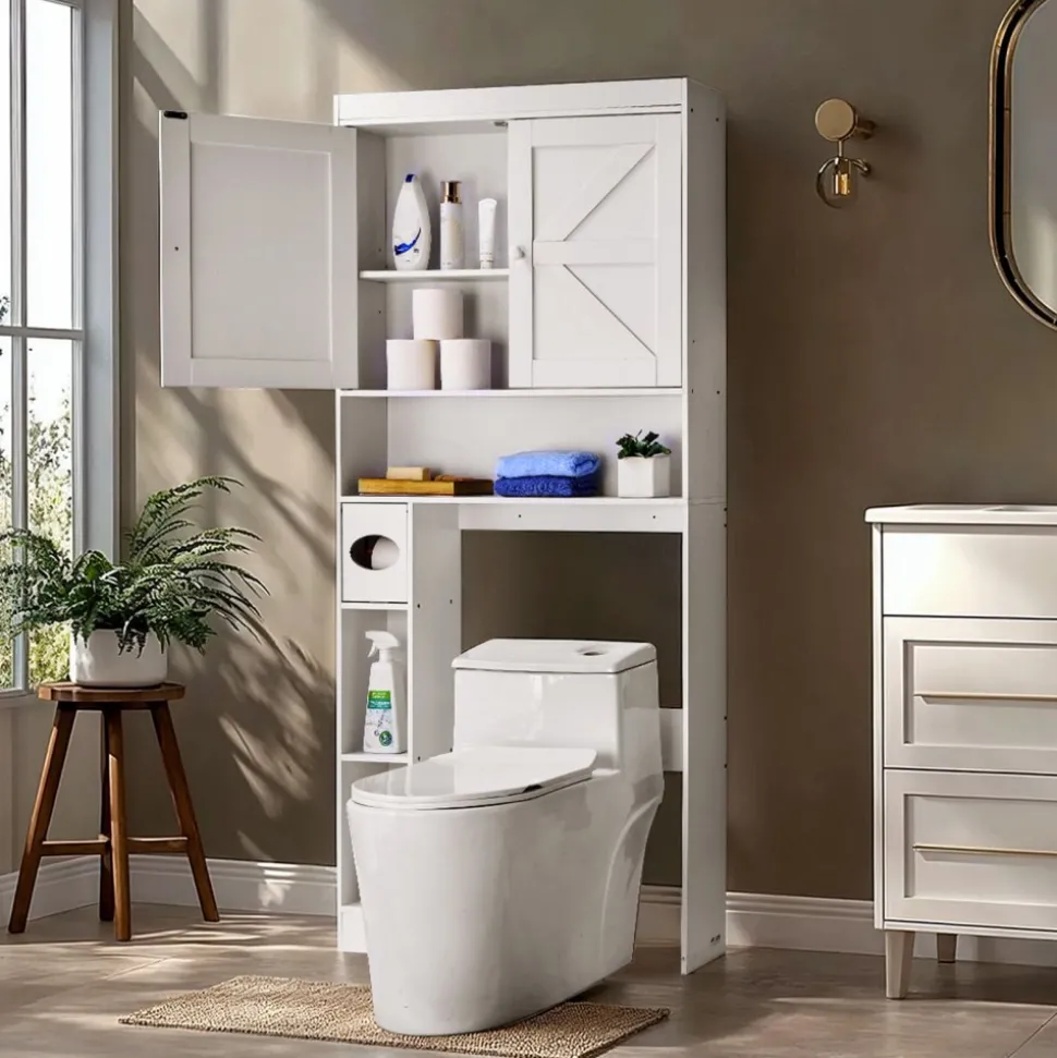 VEVOR Over The Toilet Storage Cabinet, 67.44 in Height Bathroom Storage Organizer with Double Door and Adjustable Shelf, Bathroom Space Saver Organizer Above Toilet with Open Shelf, White