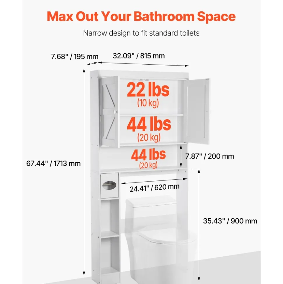 VEVOR Over The Toilet Storage Cabinet, 67.44 in Height Bathroom Storage Organizer with Double Door and Adjustable Shelf, Bathroom Space Saver Organizer Above Toilet with Open Shelf, White