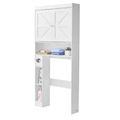 VEVOR Over The Toilet Storage Cabinet, 67.44 in Height Bathroom Storage Organizer with Double Door and Adjustable Shelf, Bathroom Space Saver Organizer Above Toilet with Open Shelf, White