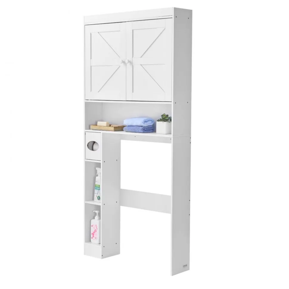 VEVOR Over The Toilet Storage Cabinet, 67.44 in Height Bathroom Storage Organizer with Double Door and Adjustable Shelf, Bathroom Space Saver Organizer Above Toilet with Open Shelf, White
