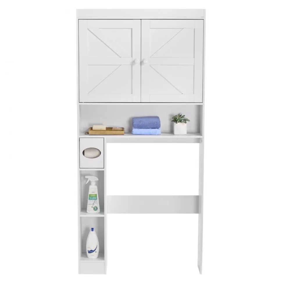 VEVOR Over The Toilet Storage Cabinet, 67.44 in Height Bathroom Storage Organizer with Double Door and Adjustable Shelf, Bathroom Space Saver Organizer Above Toilet with Open Shelf, White