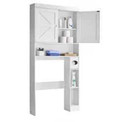 VEVOR Over The Toilet Storage Cabinet, 67.44 in Height Bathroom Storage Organizer with Double Door and Adjustable Shelf, Bathroom Space Saver Organizer Above Toilet with Open Shelf, White