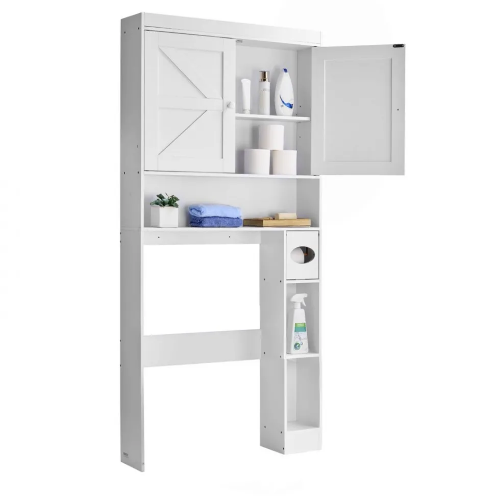 VEVOR Over The Toilet Storage Cabinet, 67.44 in Height Bathroom Storage Organizer with Double Door and Adjustable Shelf, Bathroom Space Saver Organizer Above Toilet with Open Shelf, White