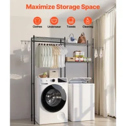 VEVOR Over Washer and Dryer Storage Shelves, 5 Tiers Laundry Room Drying Rack with Hanger Rod and Hooks, Two Rows Adjustable Washer Shelves Space Saver, for Laundry Room Storage & Organization, Black