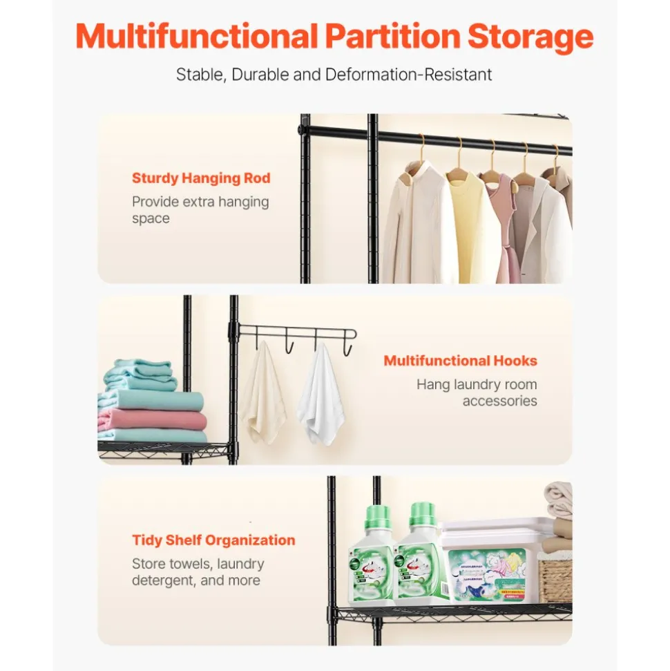 VEVOR Over Washer and Dryer Storage Shelves, 5 Tiers Laundry Room Drying Rack with Hanger Rod and Hooks, Two Rows Adjustable Washer Shelves Space Saver, for Laundry Room Storage & Organization, Black