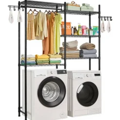 VEVOR Over Washer and Dryer Storage Shelves, 5 Tiers Laundry Room Drying Rack with Hanger Rod and Hooks, Two Rows Adjustable Washer Shelves Space Saver, for Laundry Room Storage & Organization, Black
