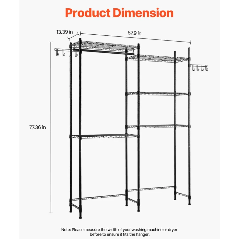 VEVOR Over Washer and Dryer Storage Shelves, 5 Tiers Laundry Room Drying Rack with Hanger Rod and Hooks, Two Rows Adjustable Washer Shelves Space Saver, for Laundry Room Storage & Organization, Black