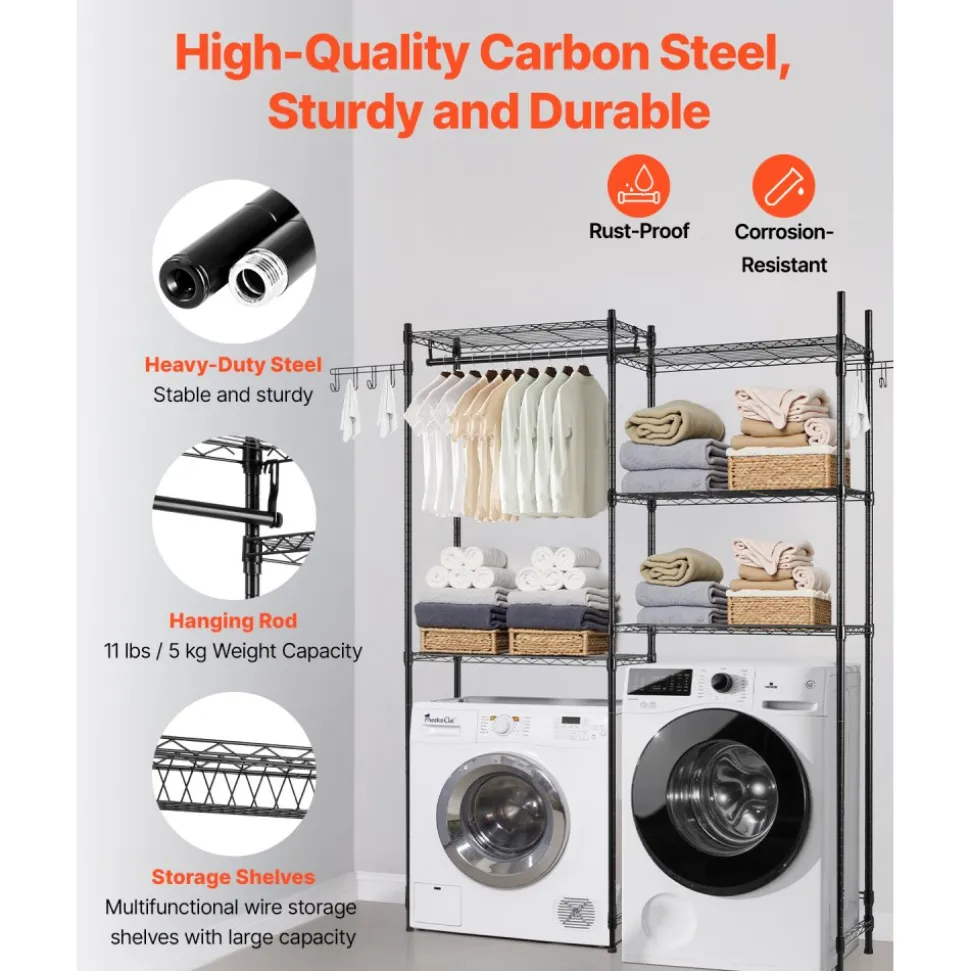 VEVOR Over Washer and Dryer Storage Shelves, 5 Tiers Laundry Room Drying Rack with Hanger Rod and Hooks, Two Rows Adjustable Washer Shelves Space Saver, for Laundry Room Storage & Organization, Black