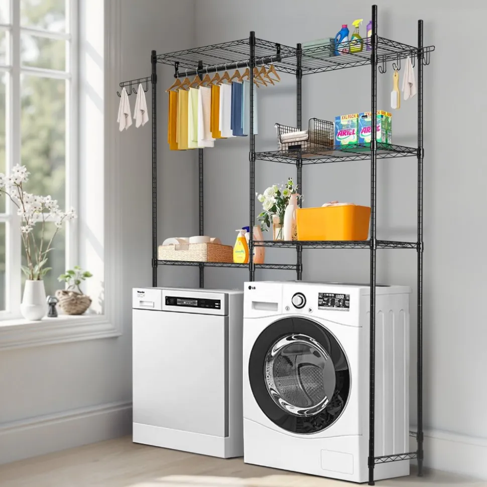 VEVOR Over Washer and Dryer Storage Shelves, 5 Tiers Laundry Room Drying Rack with Hanger Rod and Hooks, Two Rows Adjustable Washer Shelves Space Saver, for Laundry Room Storage & Organization, Black