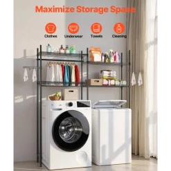 VEVOR Over Washer and Dryer Storage Shelves, 4 Tiers Laundry Room Drying Rack with Hanger Rod and Hooks, Two Rows Adjustable Washer Shelves Space Saver, for Laundry Room Storage & Organization, Black