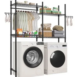 VEVOR Over Washer and Dryer Storage Shelves, 5 Tiers Laundry Room Drying Rack with Hanger Rod and Hooks, Two Rows Adjustable Washer Shelves Space Saver, for Laundry Room Storage & Organization, White