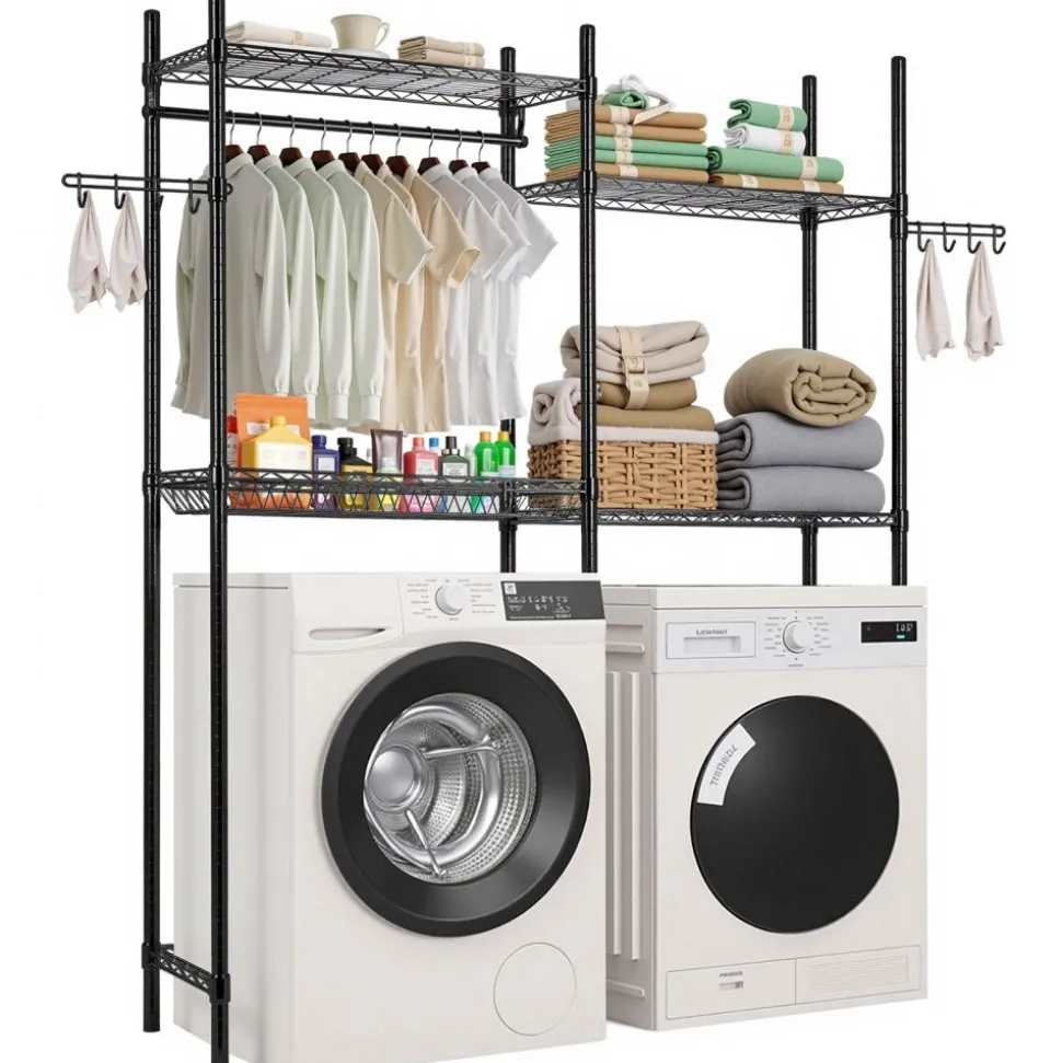 VEVOR Over Washer and Dryer Storage Shelves, 5 Tiers Laundry Room Drying Rack with Hanger Rod and Hooks, Two Rows Adjustable Washer Shelves Space Saver, for Laundry Room Storage & Organization, White