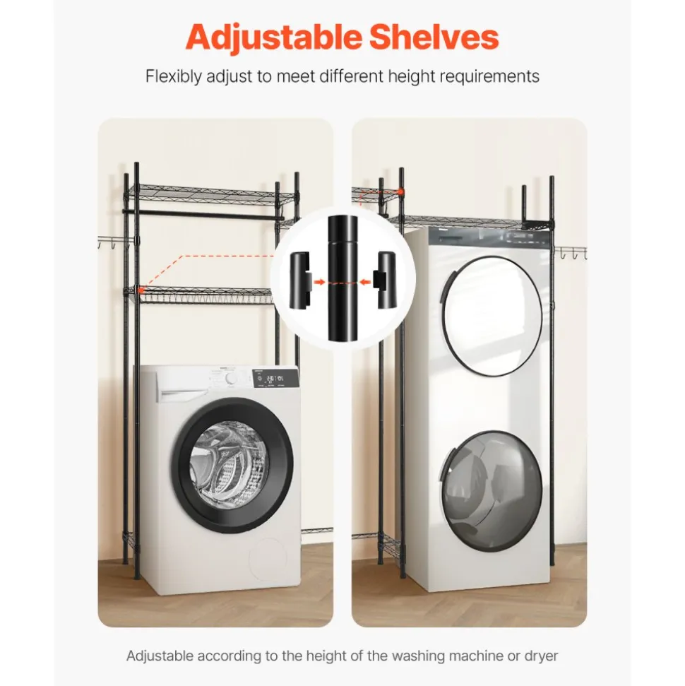 VEVOR Over Washer and Dryer Storage Shelves, 5 Tiers Laundry Room Drying Rack with Hanger Rod and Hooks, Two Rows Adjustable Washer Shelves Space Saver, for Laundry Room Storage & Organization, White