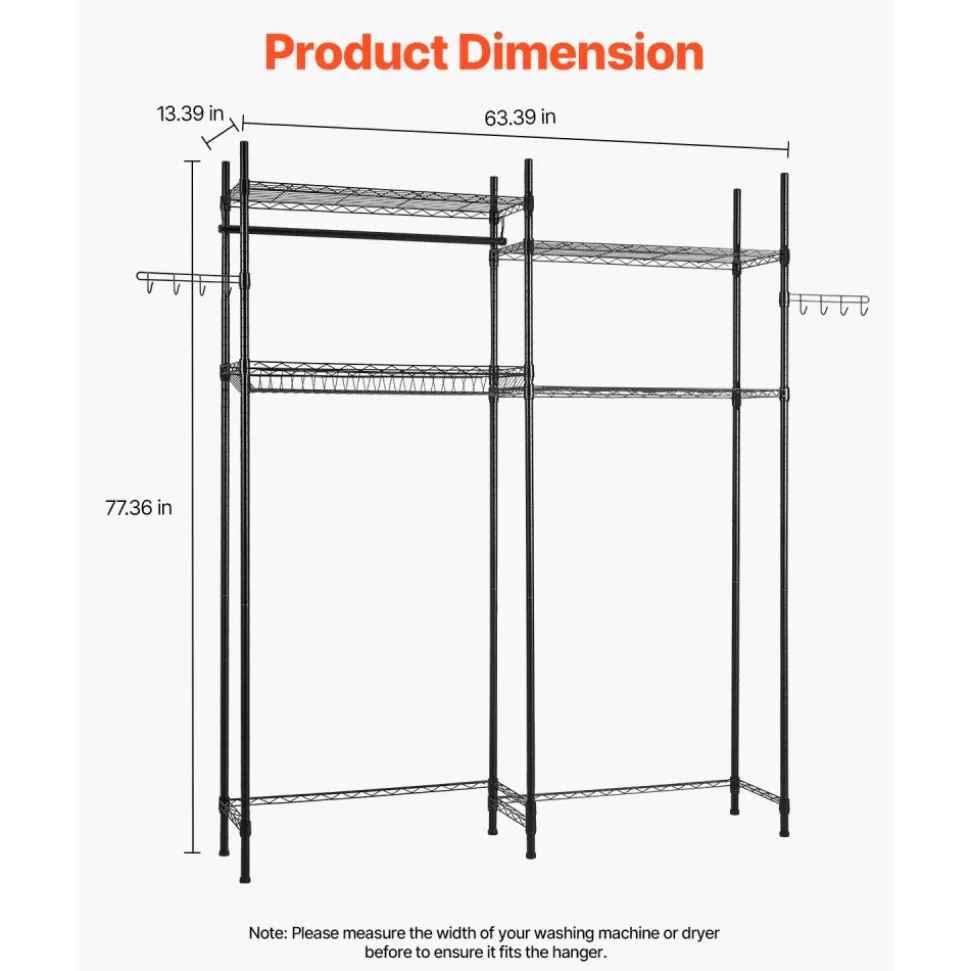 VEVOR Over Washer and Dryer Storage Shelves, 5 Tiers Laundry Room Drying Rack with Hanger Rod and Hooks, Two Rows Adjustable Washer Shelves Space Saver, for Laundry Room Storage & Organization, White
