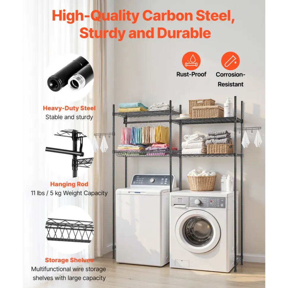 VEVOR Over Washer and Dryer Storage Shelves, 5 Tiers Laundry Room Drying Rack with Hanger Rod and Hooks, Two Rows Adjustable Washer Shelves Space Saver, for Laundry Room Storage & Organization, White