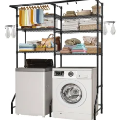VEVOR Over Washer and Dryer Storage Shelves, 6 Tiers Laundry Room Drying Rack with Hanger Rod and Hooks, Two Rows Adjustable Washer Shelves Space Saver, for Laundry Room Storage & Organization, Black
