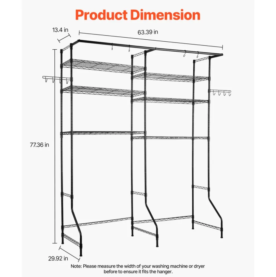 VEVOR Over Washer and Dryer Storage Shelves, 6 Tiers Laundry Room Drying Rack with Hanger Rod and Hooks, Two Rows Adjustable Washer Shelves Space Saver, for Laundry Room Storage & Organization, Black