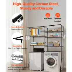 VEVOR Over Washer and Dryer Storage Shelves, 6 Tiers Laundry Room Drying Rack with Hanger Rod and Hooks, Two Rows Adjustable Washer Shelves Space Saver, for Laundry Room Storage & Organization, Black