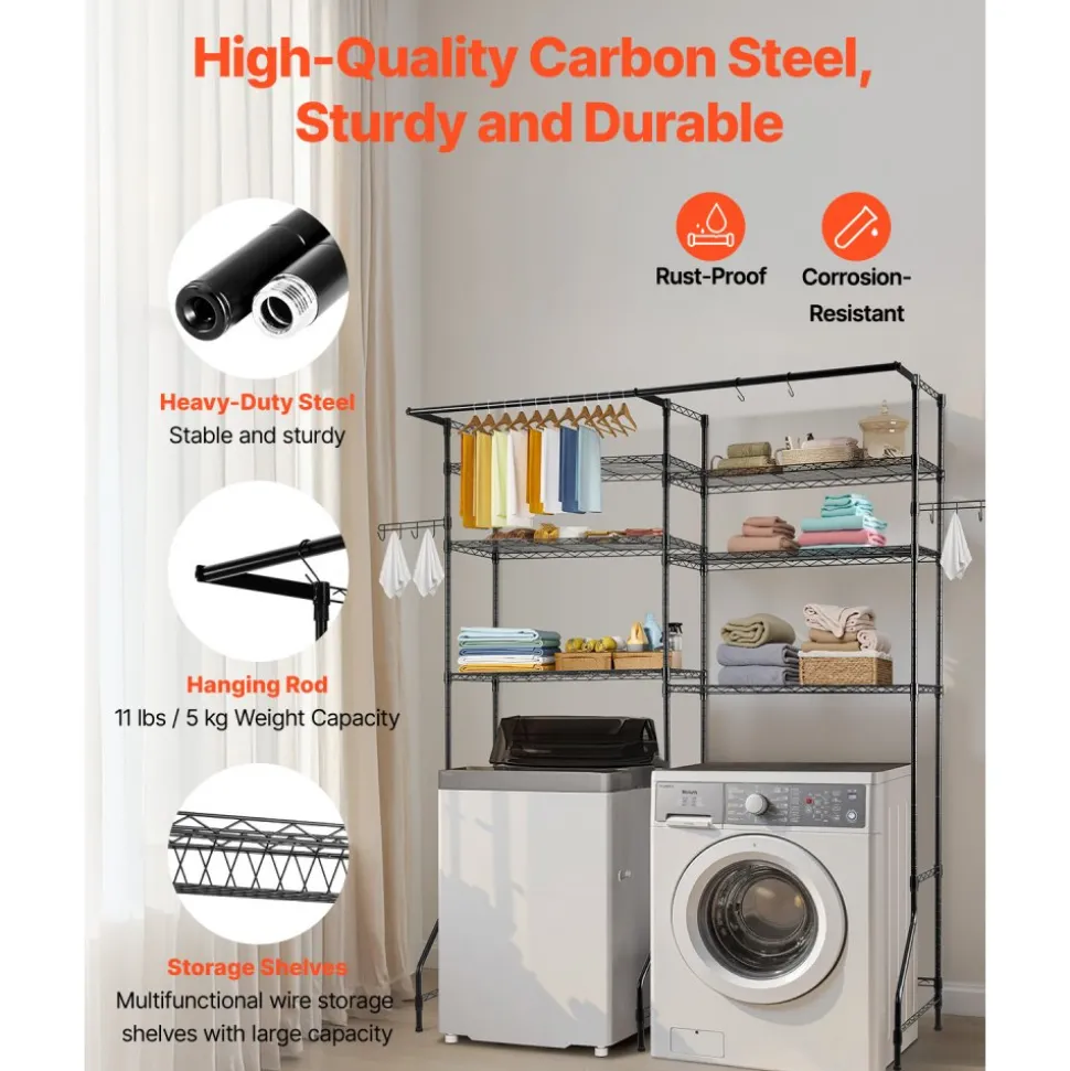 VEVOR Over Washer and Dryer Storage Shelves, 6 Tiers Laundry Room Drying Rack with Hanger Rod and Hooks, Two Rows Adjustable Washer Shelves Space Saver, for Laundry Room Storage & Organization, Black