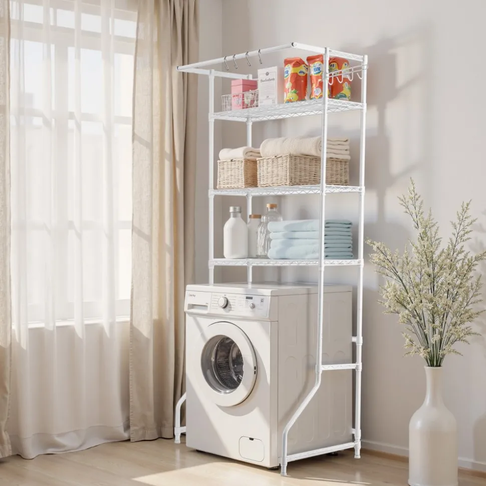 VEVOR Over Washer and Dryer Storage Shelf, 3 Tiers Laundry Room Drying Rack with Hanger Rod and Hooks, Single Row Adjustable Washer Shelves Space Saver, for Laundry Room Storage & Organization, White