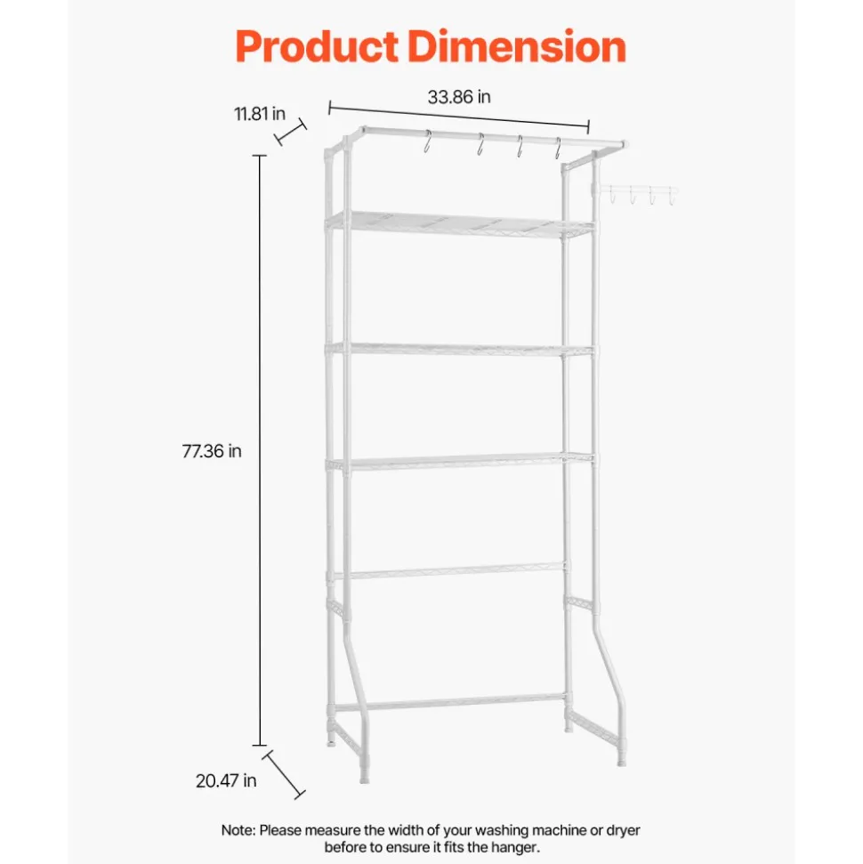 VEVOR Over Washer and Dryer Storage Shelf, 3 Tiers Laundry Room Drying Rack with Hanger Rod and Hooks, Single Row Adjustable Washer Shelves Space Saver, for Laundry Room Storage & Organization, White
