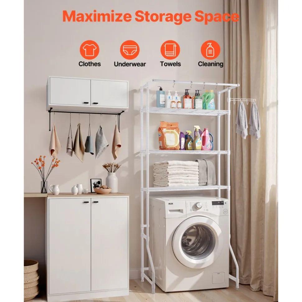 VEVOR Over Washer and Dryer Storage Shelf, 3 Tiers Laundry Room Drying Rack with Hanger Rod and Hooks, Single Row Adjustable Washer Shelves Space Saver, for Laundry Room Storage & Organization, White
