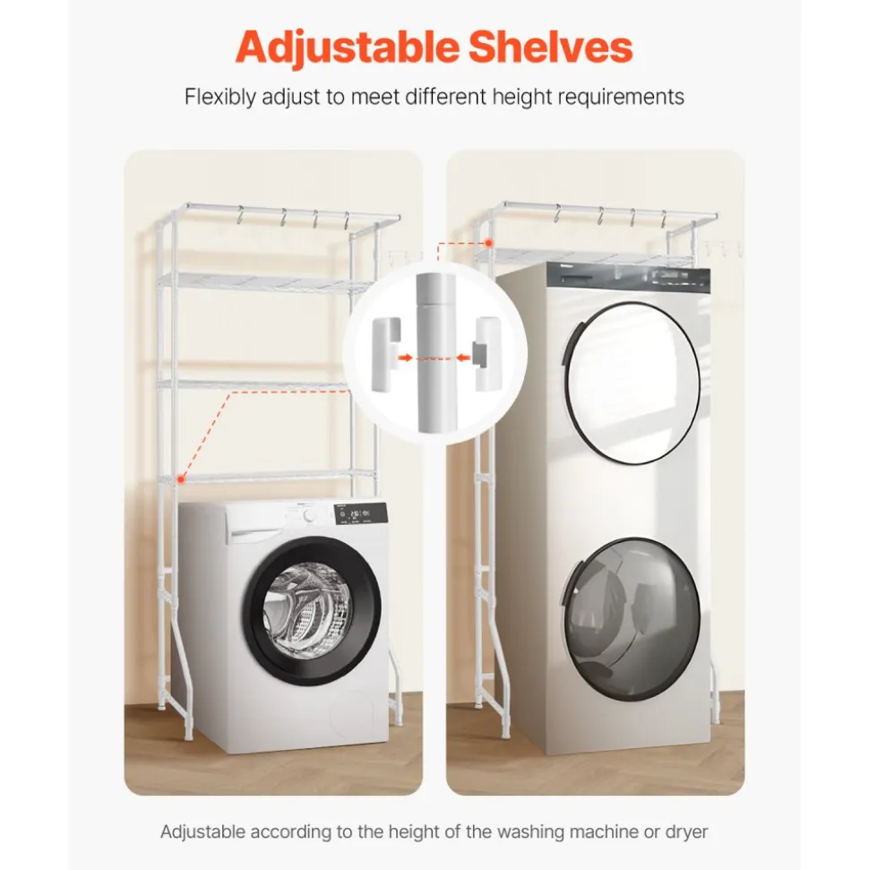VEVOR Over Washer and Dryer Storage Shelf, 3 Tiers Laundry Room Drying Rack with Hanger Rod and Hooks, Single Row Adjustable Washer Shelves Space Saver, for Laundry Room Storage & Organization, White