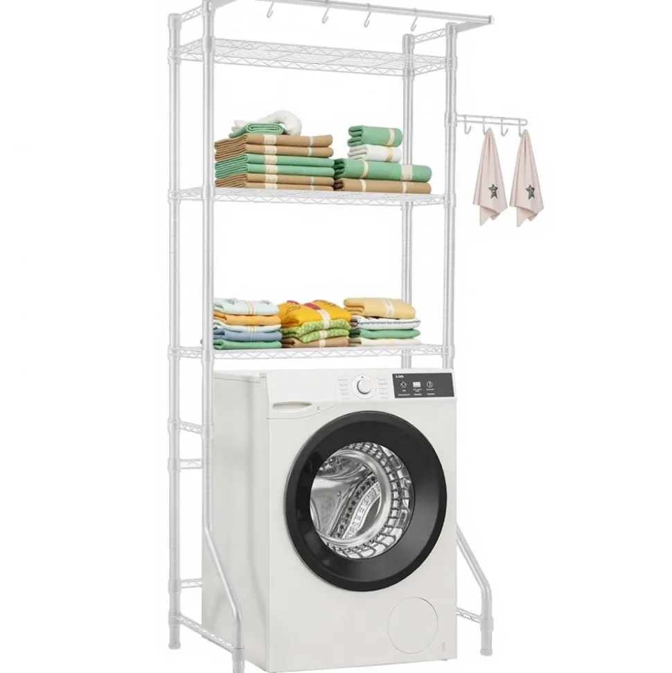 VEVOR Over Washer and Dryer Storage Shelf, 3 Tiers Laundry Room Drying Rack with Hanger Rod and Hooks, Single Row Adjustable Washer Shelves Space Saver, for Laundry Room Storage & Organization, White