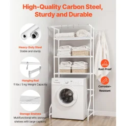 VEVOR Over Washer and Dryer Storage Shelf, 3 Tiers Laundry Room Drying Rack with Hanger Rod and Hooks, Single Row Adjustable Washer Shelves Space Saver, for Laundry Room Storage & Organization, White