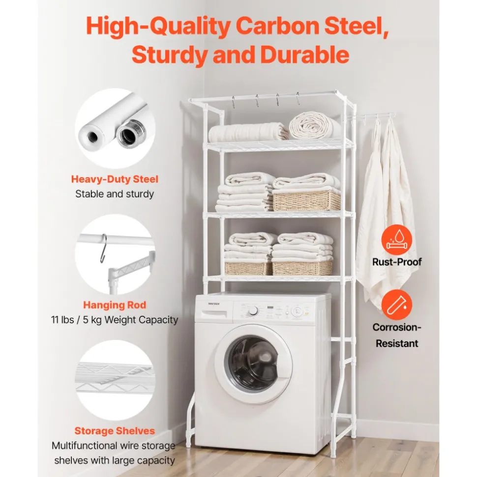 VEVOR Over Washer and Dryer Storage Shelf, 3 Tiers Laundry Room Drying Rack with Hanger Rod and Hooks, Single Row Adjustable Washer Shelves Space Saver, for Laundry Room Storage & Organization, White