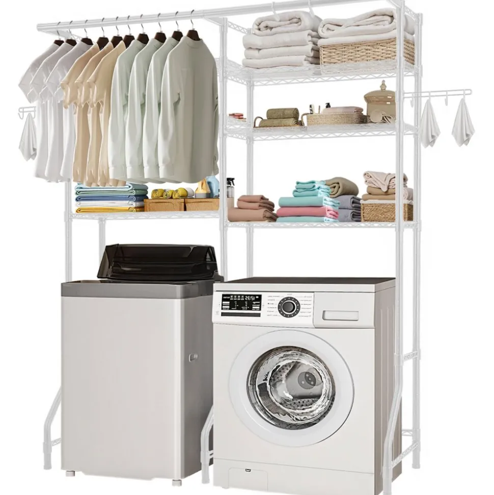 VEVOR Over Washer and Dryer Storage Shelves, 6 Tiers Laundry Room Drying Rack with Hanger Rod and Hooks, Two Rows Adjustable Washer Shelves Space Saver, for Laundry Room Storage & Organization, White