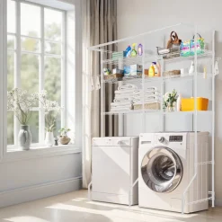 VEVOR Over Washer and Dryer Storage Shelves, 6 Tiers Laundry Room Drying Rack with Hanger Rod and Hooks, Two Rows Adjustable Washer Shelves Space Saver, for Laundry Room Storage & Organization, White